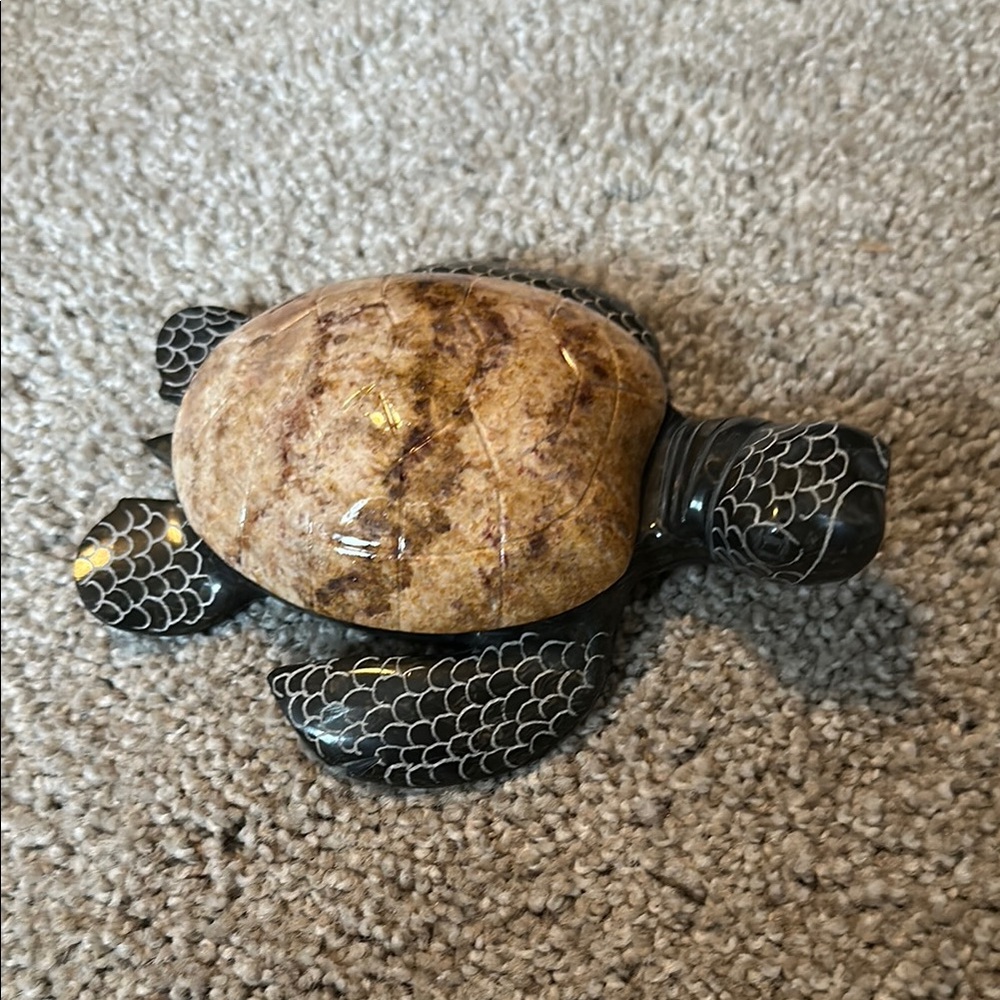 Handcrafted Stone Turtle Figurine Opens as a Jewelry Box- Black and Brown